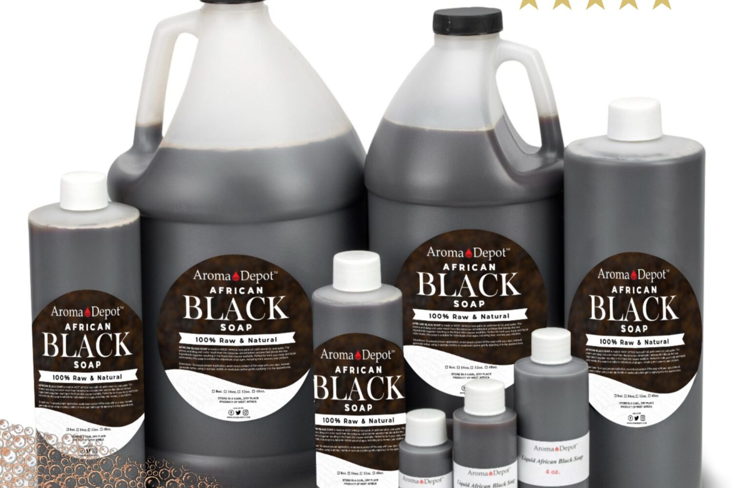 AROMA DEPOT’S BLACK SOAP IS IMPORTED DIRECTLY FROM AFRICA Liquid African Black Soap Raw 100% Pure Natural Organic Bath Hair Face Wash Wholesale Earth’s BEST Natural Black Soap  All Ingredients are Natural Our African black soap is handmade in Ghana, Africa. It is primarily used to heal & treat troubled skin of all types. It may help with fine wrinkles, psoriasis, dark spots, eczema, razor bumps, clearing blemishes, acne scars, and rashes. In addition, it can be used as a light exfoliator on the body. Black Soap can also be used in hair to treat scalp irritations. Directions: Lather with a sponge, loofah, or washcloth. Aroma Depot always recommends that you test a small area first to ensure you won’t develop an allergic reaction when trying natural products. Made in Ghana Africa with a Blend of Cocoa and Palm Oil Fights eczema, psoriasis, and skin conditions. Our Black Soap is 100% Pure and Authentic Guaranteed! Our African Black Soap (unscented) is one of the healthiest soaps due to the combination of natural ingredients. No chemicals are added to enhance colors, fragrances, or preservatives. African Black Soap may help to reduce scars caused by acne. Acne is not caused by dirt. Unscented for sensitive skin and hair. However, it is a result of excess oils released by the skin. African Black Soap is suited for all skin types. Oily Skin A miracle product for oily and acne-prone skin, African black soap works well for deep pore cleansing due to its natural exfoliation qualities. Also, it seems to keep the skin hydrated for some oily skin types without increasing oil production. No matter how oily your skin is, it would be best if you moisturized afterward with a non-comedogenic oil like Aroma Depot’s Virgin Coconut Oil. Our 100% natural butters, such as African Shea Butter, Cocoa Butter, Mango Butter, or Kokum Butter, will be the perfect moisturizer for your skin after cleaning it with African Black Soap. After using African Black Soap you can use an Aroma Depot Moisturizer such as: Shea butter “Raw” – African Shea Butter contains essential fatty acids & vitamins A, D, E, & F that provide antioxidants & assist with UV Ray Protection. * Imported from the West African Country of Ghana Then packaged in a super Quality Controlled Facility! Soft, Clean, Pure, & Ivory / Tan Colored – Raw Organic & Virgin (Used this way in Africa for centuries!) The Best packaging On the Market – Always with Added UV Protection. Use as a Daily skin moisturizer / Face and Body / Dry skin relief / Dry scalp Blemishes and wrinkles / Sunburn / Soften tough skin on feet (especially heels) Stretch mark prevention during pregnancy / Eczema / Reduce blemishes and scarring. Cocoa Butter “Raw” – Cocoa Butter, also called Cacao Butter, is the cream-colored fat extracted from cacao seeds (cocoa beans) and is used to add flavor, scent, and smoothness to chocolate, cosmetics, tanning oil, soap, and a multitude of topical lotions and creams. Cocoa Butter has been called the ultimate moisturizer and has been used to keep skin soft and supple for centuries. Ingredients: 100% Unrefined Virgin Cocoa Butter. COCOA BUTTER IS A HARD BUTTER Mango Butter – Our Mango Butter is expeller-pressed from the mango seed and further filtered to remove any fruit plant matter. It is soft but solid at room temperature and slightly grainy in texture but melts on contact with the skin. Mango Butter has been used by the indigenous people of the forest regions of southeast Asia for centuries. It is rich in antioxidants, emollients, and Vitamins A and E, and it can be used to soften and moisturize rough, dry skin. Its natural properties help treat the appearance of wrinkles. Kokum Butter has naturally produced from the kokum tree’s (Garcinia Indica) fruit seeds and is commonly used in place of Cocoa Butter as an ingredient for several different cosmetics. The density of this butter holds ingredients together to create a better and stiffer product. Kokum butter is known for its smooth, dense texture, which is suitable for cosmetic and toiletry applications. How does black soap help with acne? This black soap effectively eliminates makeup, although it should not be used to remove eye makeup. Its natural anti-bacterial and anti-fungal properties gently cleanse the deep skin cleansing. By incorporating ash in your soap, you are naturally exfoliating your skin and clearing your pores of excess oil, sebum, and debris without over-drying your skin. This is important because drying your skin will produce more oil and sebum. The skin is smooth and hydrated with Aroma Depot’s Shea butter or our Coconut Oil. Other black soap brands can be too drying. We use the right combination of natural ingredients to keep your skin soft and smooth while locking in moisture. The good thing about black soap is that it can clear acne while still gentle enough for all skin types. Our products are enriched with shea butter, which has high anti-inflammatory and skin calming properties. It would help if you were patient when using black soap, as the results can take a few weeks. Some people may experience a pore-cleansing effect as the soap detoxifies the skin. In the beginning, you may experience breakouts, but eventually, your skin will become soft and glowing. With Aloe, you can relieve acne and irritated skin and provide moisture to your skin without clogging your pores. Natural Exfoliation Due to its exfoliating properties, African black soap deep cleans without scrubbing. Don’t rub the skin with raw black soap, especially if it is delicate. Before applying the soap to your face, lather it up in your hands first. Granules of ash and other debris in the soap may not dissolve as quickly as they should and could scratch the skin. Can you shower with African black soap? Use African Raw Black Soap to bathe, shower, and wash your hands, hair, and face. To achieve the best results, use hot water as hot as possible (optional) with a washcloth or loofah to scrub the area. After washing, apply Aroma Depot’s unrefined shea butter or natural oil as a moisturizer. Reactions to African Black Soap Consult your dermatologist if you develop a rash or dermatitis after using the product. If you are allergic to latex, you may suffer from latex-fruit syndrome and develop a reaction to the plantain ash in black soap and palm and coconut oils. Also, be aware of the possible presence of high cocoa pods, which make the soap ash, if you have a chocolate allergy or are sensitive to caffeine. Before You Toss That Soap The surface of black soap (Bar or Paste) can develop a thin, white film if exposed to air. The film is not a sign of mold. To make it easy to use daily and prevent the white film from developing, you might cut off a piece of the bar or roll it into small balls and store it in a Ziploc bag. When buying soap in bulk or by the pound, cut off a piece of the soap and keep the rest in a cool, dry place. Place the soap in a plastic bag and wrap it in a Ziploc bag to keep it fresh.