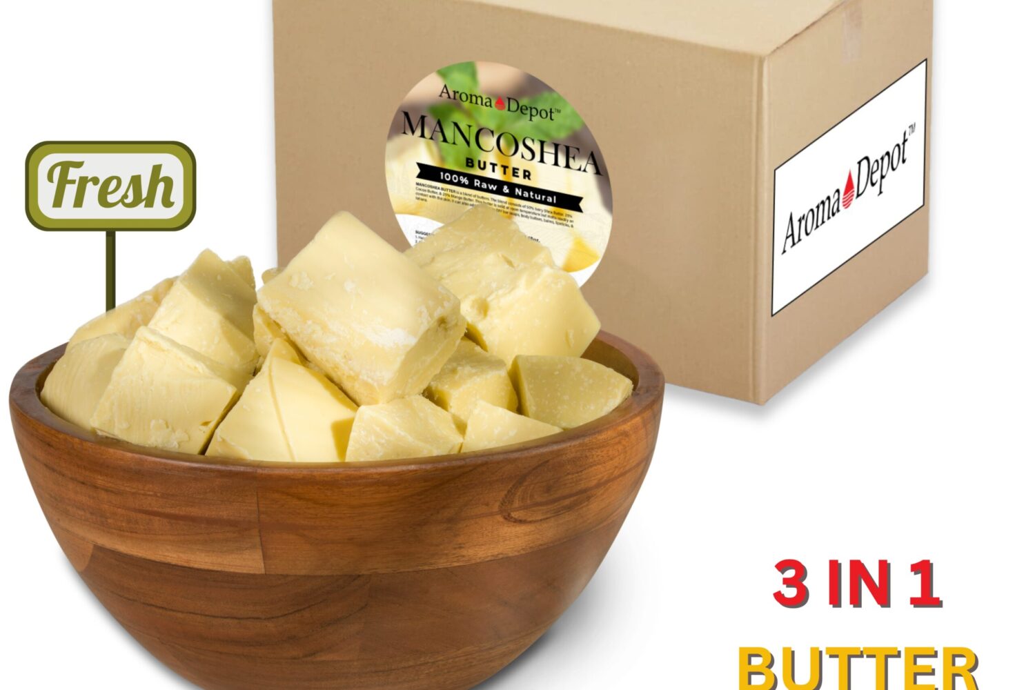 AROMA DEPOT'S SHEA BUTTER IS IMPORTED DIRECTLY FROM GHANA Elevate your skincare routine with our Mancoshea Butter, a 100% Pure, Natural, and Organic blend designed for Face, Body, Skin, and Hair. Handmade directly here in the USA. New - All in One  AFRICAN SHEA BUTTER, COCOA BUTTER & MANGO BUTTER  They are blended into a rich solid texture with a fantastic cocoa butter scent. (This butter is not whipped nor has a soft texture to it. It has a firm texture). Cut a small piece, then rub it into the palm of your hands. Raw SHEA BUTTER helps heal scars, burns, bruises, and stretch marks prevention during pregnancy - Eczema - Reduces blemishes and scarring.  Shea Butter prevents ashy skin, chapping, and skin rashes. COCOA BUTTER - All-Natural Skin Moisturizer with Intensive Healing Properties: To smooth scars, wrinkles, and other marks on the skin. MANGO BUTTER -Extra emollience for body butter, lotions, creams, hair products, soap making, and DIY Recipes. One solid piece. 50% Unrefined African Shea Nut Butter,  25% Natural Cocoa Butter  25% Mango Kernel Seed Butter.  NO Animal Testing, Alcoholic Fragrances, Synthetic Chemicals, Sulfates or Para-bans.  All-Natural Vegan-Product from Ghana, USA, and India. Aroma Depot Beauty Tip: Elevate Your Skincare Ritual Initiate your skincare routine with Aroma Depot's African Black Soap for efficient cleansing, particularly beneficial for oily skin. Subsequently, immerse yourself in the luxurious experience of our diverse Natural Body butter, including African Shea Butter, Cocoa Butter, Ivory Shea Butter, Yellow Shea Butter, and Kokum Butter. For optimal results, adhere to an all-natural skincare regimen. Refrain from combining African Black Soap with conventional body lotions to safeguard the intended benefits and prevent potential pore congestion. Embrace the natural essence in every facet of your skincare journey, enhancing your skin's well-being with Aroma Depot's premium products.