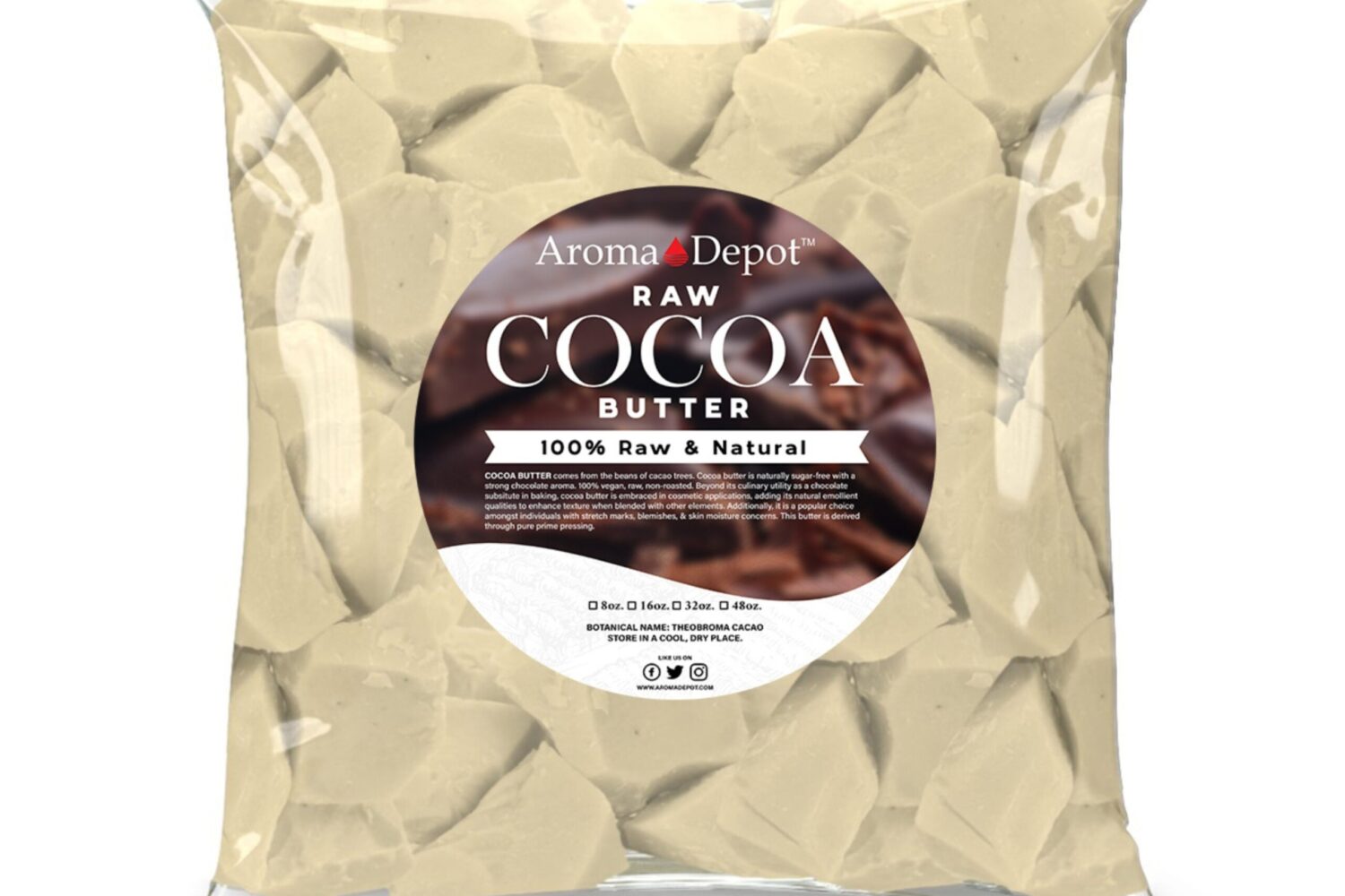 Natural Raw Cocoa Butter Today Deals Amazon's Choice Wholesale For Skin & Hair Packed in two Food-Grade Poly Bags Note: Depending on the location or weather where this butter is going, you might receive it in a liquid form. Botanical Name: Theobroma Cacao Highest-Quality IMPORTED From Ecuador Pure Raw Premium Grade A Raw - Unrefined Solid Blocks or Chunks FOOD-GRADE Natural Raw Cocoa Butter "Solid Hard Butter" Cocoa butter, also called theobroma oil, is a pale-yellow, edible fat extracted from the cocoa bean. It is used to make chocolate and some ointments, toiletries, and pharmaceuticals. Its melting point is just below human body temperature. 100% Virgin Prime Pressed This butter is very hard, it must be broken into small pieces to apply to the skin. If you looking for soft butter this is NOT for you. Cocoa Butter, also called Cacao Butter, is the cream-colored fat extracted from cacao seeds (cocoa beans) and adds flavor, scent, and smoothness to chocolate, cosmetics, tanning oil, soap, and soap multitude of topical lotions and creams. Cocoa Butter has been called the ultimate moisturizer and has been used to keep skin soft and supple for centuries. Smell: Natural rich chocolate aroma Color: Off-White to Golden. Smell: Natural rich chocolate aroma Extraction Method: Cold Pressed Storage: Stored in a cool dark place. Shelf life: 2-5 years when stored properly. Melts: At approximately 90 degrees Fahrenheit (35 degrees Celsius) Please Note: The cocoa butter may naturally feel hard and dry at room temperature. Premium Ecuadorian Cacao / Cocoa Butter from superior cocoa beans. Exquisite chocolate aroma and taste, traditionally found in fine cacao. This nature s sugar-free Cocoa Butter has a strong, raw chocolate flavor. Common Uses: body, hair, feet, hands, skin, face, eczema, psoriasis, stretch marks, acne, skincare, rashes, toner, dry skin, itchy scalp, itchy skin, Skin Hydrating, Sensitive Skin.
