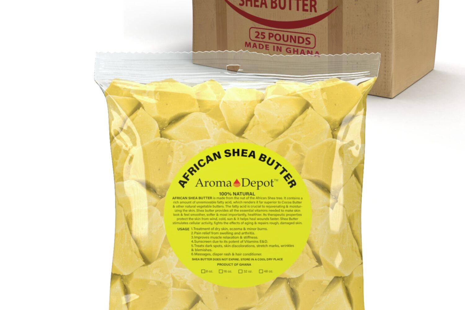 Raw African Shea Butter Unrefined Natural Organic Pure YELLOW Wholesale Discover the Richness of Raw African Shea Butter Yellow: Nature's Skin Elixir 1. Introduction: The Perfect Fusion Unveiling the Power of Shea Butter : "Experience the Synergy of African Shea Butter Yellow" "Pure Skin Wellness | Shea Butter Unleashed." 2. A Healing Harmony: Nature's Skin Remedies Treating Skin Ailments Naturally: "The Skin Benefits of Raw African Shea Butter Yellow" "Your Natural Solution for Skin Troubles." 3. All-Natural Elixir: Ingredients from Earth The Beauty of Pure Ingredients: "Exploring the Purity of Raw African Shea Butter Yellow" "Nature's Bounty for Luminous Skin." 4. Clean and Green: Chemical-Free Assurance Embrace the Pure Lifestyle: "Chemical-Free Beauty with Raw African Shea Butter Yellow" "Pure, Natural, Vegan - Your Skin Deserves the Best." 5. Handcrafted Excellence: Made with Care Crafted to Perfection: "Handmade with Love" "Tailored for Your Skin." 6. Conclusion and Invitation: Experience Skin Renewal: "Unlock the Beauty of Raw African Shea Butter Yellow" "Elevate Your Skin's Radiance Today!" Raw African Shea Butter Wholesale Unrefined Natural Premium Shea Butter Raw Shea Butter is a fusion of tradition and quality for healthier skin. Raw Unrefined African Shea Butter Wholesale (Be aware, that lighting may alter the color of the shea butter) Raw African Shea Butter Yellow Ingredients: Unrefined shea butter, rich in natural nutrients, is ideal for treating dry skin, moisturizing hair, and reducing the appearance of scars and stretch marks. Natural Anti-aging, and Anti-bacterial. Handmade with care. NO artificial additives, NO preservatives, NO synthetic fragrances, NO dyes, NO alcohol, Chemical-free. Raw African Shea Butter Moisturizers "After pampering your skin with Raw African Shea Butter Yellow, consider complementing your routine with non-comedogenic oils like Aroma Depot's Virgin Coconut Oil or natural butters like Shea Butter, Cocoa Butter, Mango Butter, or Kokum Butter."