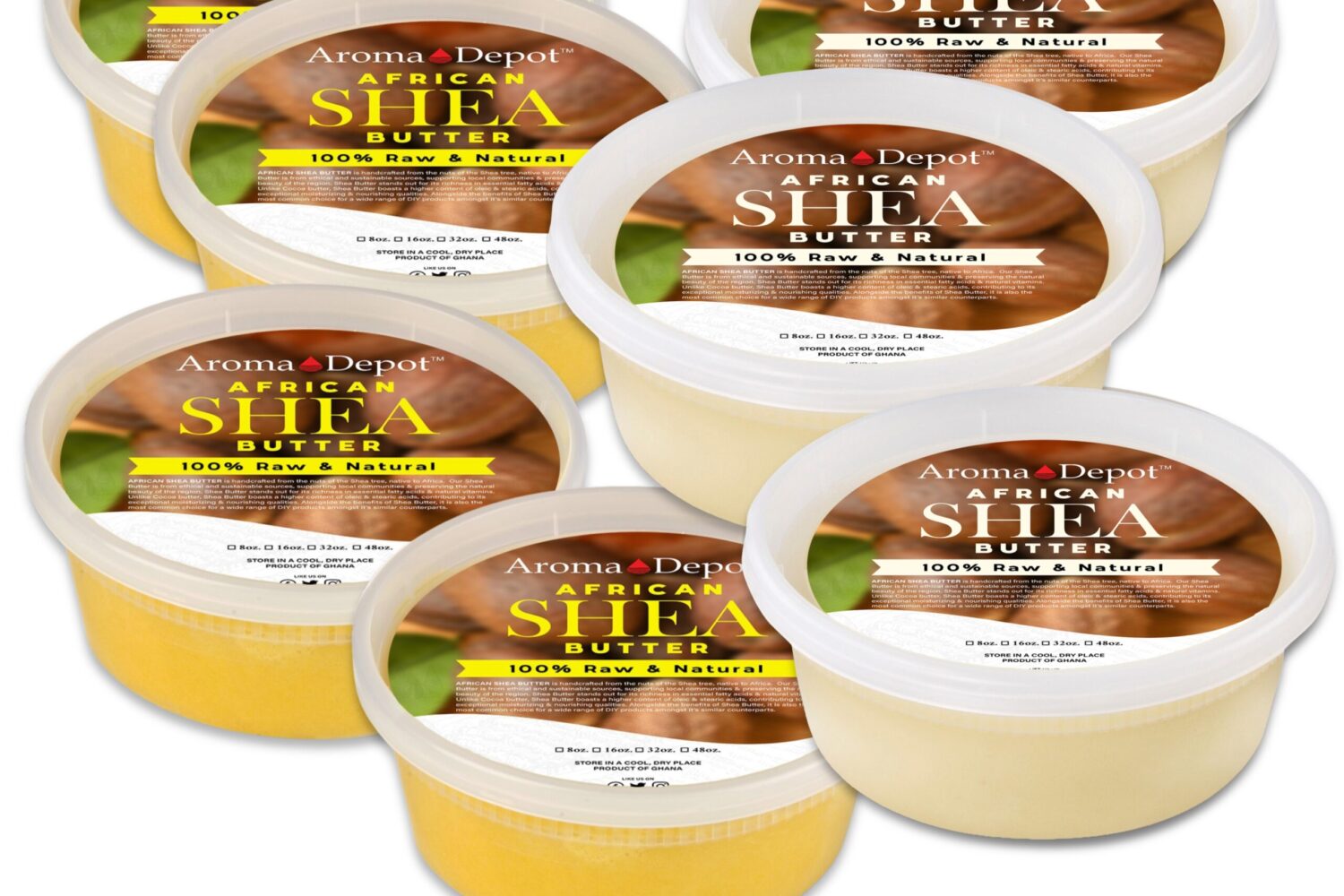 Facilitating your resale endeavors, Aroma Depot simplifies the process for an 8 oz. deli container filled with raw African Shea butter. Opt for all yellow, all Ivory, or a blend of both. Wholesale options are available. Subscribe, Like & Share Raw African Shea Butter Ivory Wholesale Check out our video on YouTube AROMA DEPOTS AFRICAN SHEA BUTTER IS IMPORTED DIRECTLY FROM AFRICA African Shea Butter Botanical Name: Butyrospermum parkii IMPORTED From Ghana Pure Organic Premium Grade A Raw – Unrefined Shea Butter Packaged In a Food Deli-Container All Deli-Containers are sold by Volume. You are paying for the size of the actual container. If the butter gets stuck in the container, please leave it in a refrigerator until it gets chilled and becomes firm & solid. This way, you can get the butter out of the container nicely and cleanly. We Distribute Shea Butter in bulk in New Jersey. We also wholesale African Black Soap. Sold as Volume. This particular shea butter is not filtered. Shea butter is a skin superfood that comes from the seeds of the fruit of the Shea (Karite) tree and is naturally rich in vitamins A, E, and F.  Aroma Depot Shea Butter is 100% Unrefined with an oily, nutty, smoky scent.  DO NOT ORDER if you’re looking for odor-free shea butter.  Completely normal to see small amounts of impurities and sediment (bits of plant fiber and husk).  Shea Butter Uses Shea butter is one of the most versatile natural beauty ingredients. It can be used in homemade lotion bars and original magnesium body butter to homemade lip balms and healing salves. Some uses for Shea Butter are: Natural skin moisturizer As a stretch mark salve to ward off stretch marks It can help reduce the appearance of under-eye bags and wrinkles. As a massage butter In velvety soft whipped body butter As a base for homemade deodorant In magnesium body butter As a natural baby-care product (alone) or an ingredient in baby-care recipes It is on the lips, homemade lip balms, or shimmer lip balm. To improve skin elasticity (some even say it helps with cellulite) On the hair or scalp (in a mixture with other natural ingredients) In homemade liquid creme foundation and makeup After sun or beach exposure to replenish skin As a natural cuticle cream On scars to naturally help collagen production Sold as Volume What Kind of Shea Butter is Best? Raw, Unrefined, Grade A Shea butter. Shea butter is for external topical use only. Ask a physician or dermatologist before using, especially with underlying skin conditions. Those with nut allergies should avoid or check with an allergist.