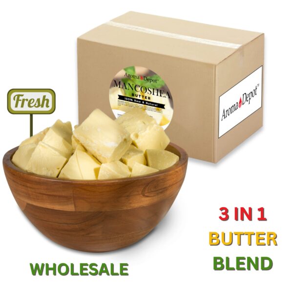 AROMA DEPOT'S SHEA BUTTER IS IMPORTED DIRECTLY FROM GHANA Elevate your skincare routine with our Mancoshea Butter, a 100% Pure, Natural, and Organic blend designed for Face, Body, Skin, and Hair. Handmade directly here in the USA. New - All in One  AFRICAN SHEA BUTTER, COCOA BUTTER & MANGO BUTTER  They are blended into a rich solid texture with a fantastic cocoa butter scent. (This butter is not whipped nor has a soft texture to it. It has a firm texture). Cut a small piece, then rub it into the palm of your hands. Raw SHEA BUTTER helps heal scars, burns, bruises, and stretch marks prevention during pregnancy - Eczema - Reduces blemishes and scarring.  Shea Butter prevents ashy skin, chapping, and skin rashes. COCOA BUTTER - All-Natural Skin Moisturizer with Intensive Healing Properties: To smooth scars, wrinkles, and other marks on the skin. MANGO BUTTER -Extra emollience for body butter, lotions, creams, hair products, soap making, and DIY Recipes. One solid piece. 50% Unrefined African Shea Nut Butter,  25% Natural Cocoa Butter  25% Mango Kernel Seed Butter.  NO Animal Testing, Alcoholic Fragrances, Synthetic Chemicals, Sulfates or Para-bans.  All-Natural Vegan-Product from Ghana, USA, and India. Aroma Depot Beauty Tip: Elevate Your Skincare Ritual Initiate your skincare routine with Aroma Depot's African Black Soap for efficient cleansing, particularly beneficial for oily skin. Subsequently, immerse yourself in the luxurious experience of our diverse Natural Body butter, including African Shea Butter, Cocoa Butter, Ivory Shea Butter, Yellow Shea Butter, and Kokum Butter. For optimal results, adhere to an all-natural skincare regimen. Refrain from combining African Black Soap with conventional body lotions to safeguard the intended benefits and prevent potential pore congestion. Embrace the natural essence in every facet of your skincare journey, enhancing your skin's well-being with Aroma Depot's premium products.