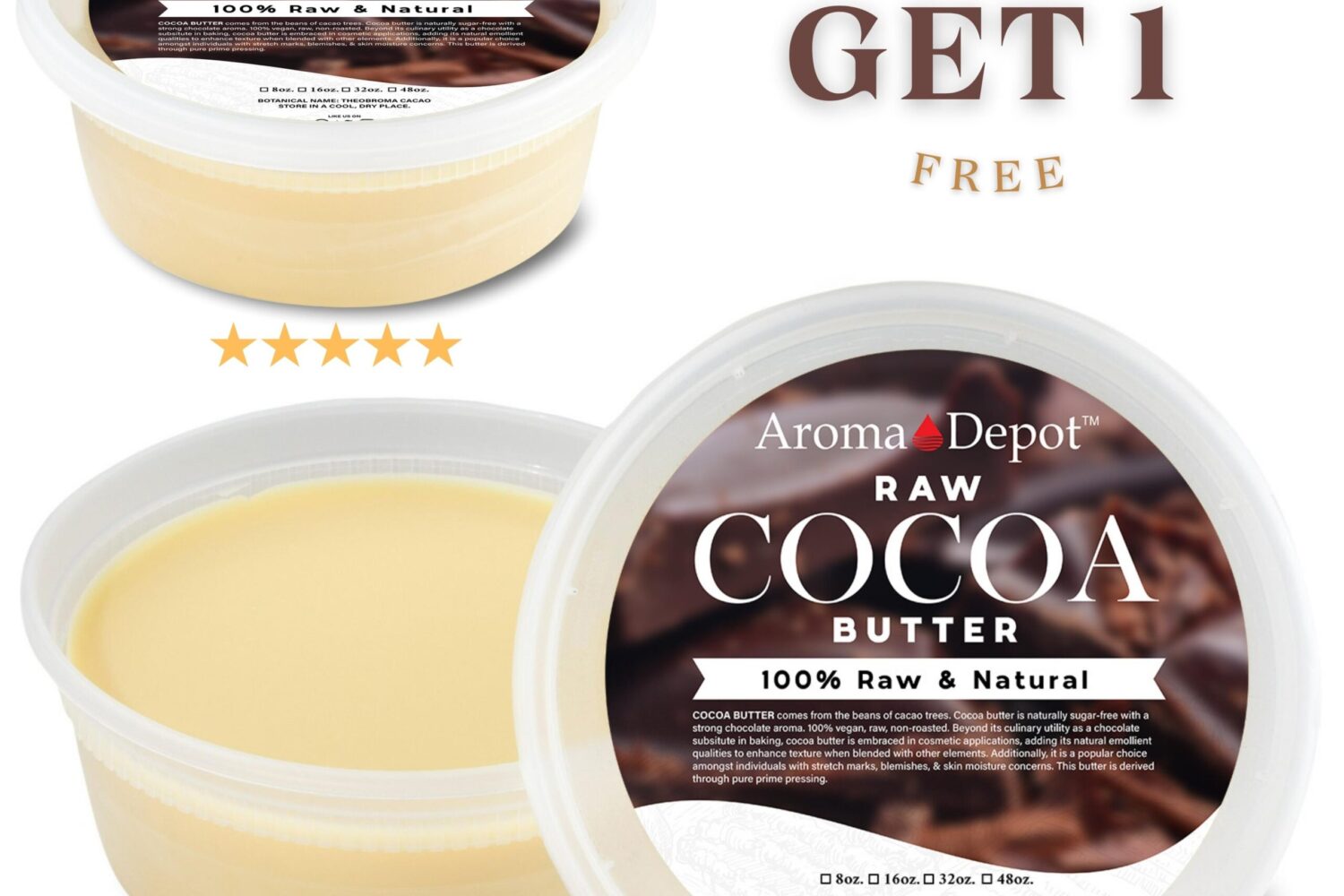 Natural Raw Cocoa Butter Buy 2 - Get 1 - FREE Wholesale Check out our video on YouTube AROMA DEPOTS COCOA BUTTER IS IMPORTED DIRECTLY FROM ECUADOR Cocoa Butter Botanical Name: Theobroma Cacao For Skin & Hair Packed in Food-Grade deli-container Note: Depending on the location or weather where this butter is going, you might receive it in a liquid form. Highest-Quality IMPORTED From Ecuador Pure Raw Premium Grade A Raw - Unrefined FOOD-GRADE Natural Raw Cocoa Butter "Solid Hard Butter" Cocoa butter, also called theobroma oil, is a pale-yellow, edible fat extracted from the cocoa bean. It is used to make chocolate and some ointments, toiletries, and pharmaceuticals. Its melting point is just below the human body temperature. 100% Virgin Prime Pressed This butter is very hard. It must be broken into small pieces to apply to the skin. If you are looking for soft butter, this is NOT for you. Cocoa Butter, also called Cacao Butter, is the cream-colored fat extracted from cacao seeds (cocoa beans) and adds flavor, scent, and smoothness to chocolate, cosmetics, tanning oil, soap, and soap of topical lotions, and creams. Cocoa butter is the ultimate moisturizer used to keep skin soft and supple for centuries. Smell: Natural rich chocolate aroma Color: Off-White to Golden. Smell: Natural rich chocolate aroma Extraction Method: Cold Pressed Storage: Stored in a cool, dark place. Shelf life: 2-5 years when stored properly. Melts: At approximately 90 degrees Fahrenheit (35 degrees Celsius) Please Note: The cocoa butter may naturally feel hard and dry at room temperature. Premium Ecuadorian Cacao / Cocoa Butter from superior cocoa beans. Exquisite chocolate aroma and taste, traditionally found in fine cacao. This natural sugar-free Cocoa Butter has a strong, raw chocolate flavor. Common Uses body, hair, feet, hands, skin, face, eczema, psoriasis, stretch marks, acne, skincare, rashes, toner, dry skin, itchy scalp, itchy skin, Skin Hydrating, Sensitive Skin. We also carry African Black Soap in Liquid, Paste, Powder, or Bars.