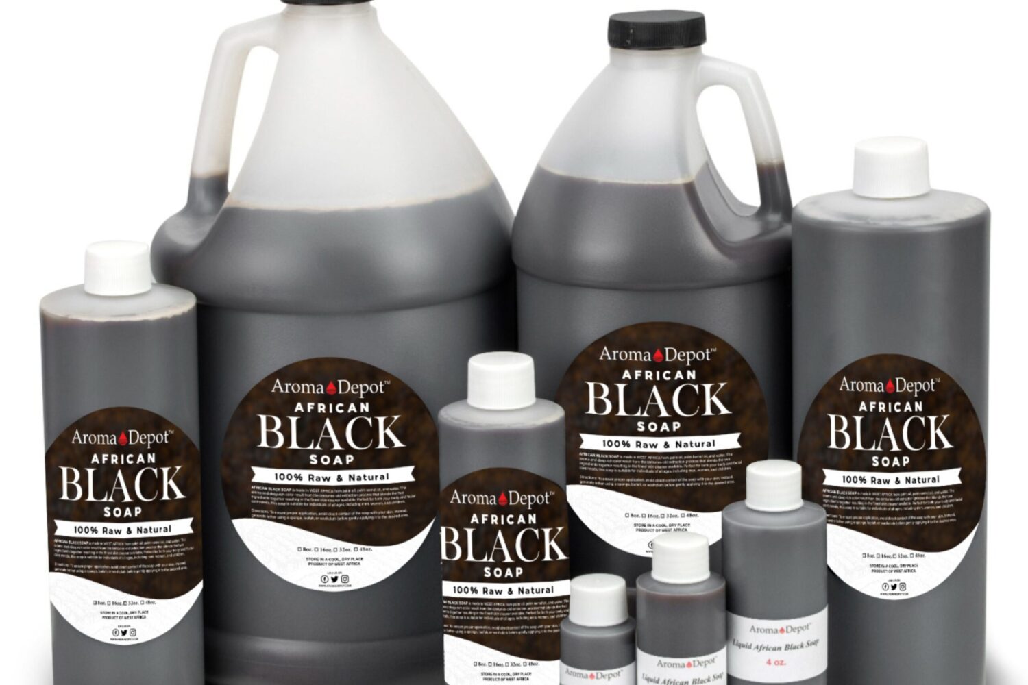 Raw African Black Soap WHOLESALE Wholesale Check out our video on YouTube AROMA DEPOTS AFRICAN BLACK SOAP IS IMPORTED DIRECTLY FROM AFRICA          African Black Soap LIQUID Lather with a washcloth, loofah, or sponge. 100% Natural Raw Soap for Acne, Eczema, Psoriasis, Scar Removal Face, And Body Wash. Handmade by Aroma Depot 100% Pure Natural Organic Unrefined Hair, Skin, Body Face Wash Pure Organic Premium Grade A 100% Pure-Raw Authentic Unscented African Black Soap Earth's BEST Natural Soap All Ingredients are Natural Our African black soap is handmade in Ghana, Africa. It is primarily used to heal & treat troubled skin of all types. It may help with fine wrinkles, psoriasis, dark spots, eczema, razor bumps, clearing blemishes, acne scars, and rashes. In addition, it can be used as a light exfoliator on the body. Black Soap can also be used in hair to treat scalp irritations. Oily Skin African black soap is a miracle product for oily and acne-prone skin. African black soap works well for deep pore cleansing because of its natural exfoliation qualities. Also, it seems to keep the skin hydrated for some oily skin types without increasing oil production. No matter how oily your skin is, it would be best to moisturize afterward with a non-comedogenic oil like Aroma Depot's Virgin Coconut Oil. Our 100% natural butter, such as African Shea Butter, Cocoa Butter, Mango Butter, or Kokum Butter, will be the perfect moisturizer for your skin after cleaning it with African Black Soap. How does black soap help with acne? This black soap effectively eliminates makeup, although it should not be used to remove eye makeup. Its natural anti-bacterial and anti-fungal properties gently cleanse the skin profoundly cleansing. By incorporating ash in your soap, you naturally exfoliate your skin and clear your pores of excess oil, sebum, and debris without overdrying on your skin. It must be necessary because drying your skin will produce more oil and sebum. The skin is smooth and hydrated with Aroma Depot's Shea butter or our Coconut Oil. Other black soap brands can be too drying. We use the right combination of natural ingredients to keep your skin soft and smooth while locking in moisture. The good thing about black soap is that it can clear acne while still gentle enough for all skin types. Our products are enriched with shea butter, which has high anti-inflammatory and skin-calming properties. It would help if you were patient when using black soap, as the results can take a few weeks. Some people may experience a pore-cleansing effect as the soap detoxifies the skin. In the beginning, you may experience breakouts, but eventually, your skin will become soft and glowing. With Aloe, you can relieve acne and irritated skin and provide moisture to your skin without clogging your pores. Natural Exfoliation Due to its exfoliating properties, African black soap deep cleans without scrubbing. Don't rub the skin with raw black soap, especially if it is delicate. Before applying the soap to your face, lather it in your hands first. Granules of ash and other debris in the soap may not dissolve as quickly as they should and could scratch the skin. Can you shower with African black soap? Use African Raw Black Soap to bathe, shower, and wash your hands, hair, and face. To achieve the best results, use hot water as hot as possible (optional) with a washcloth or loofah to scrub the area. After washing, apply Aroma Depot's unrefined shea butter or natural oil as a moisturizer. Reactions to African Black Soap Consult your dermatologist if you develop a rash or dermatitis after using the product. If you are allergic to latex, you may suffer from latex-fruit syndrome and develop a reaction to the plantain ash in black soap and palm and coconut oils. Also, be aware of the possible presence of high cocoa pods, which make the soap ash, if you have a chocolate allergy or are sensitive to caffeine. Before You Toss That Soap The surface of black soap (Bar or Paste) can develop a thin, white film if exposed to air. The film is not a sign of mold. To make it easy to use daily and prevent the white film from developing, you might cut off a piece of the bar or roll it into small balls and store it in a Ziploc bag. When buying soap in bulk or by the pound, cut off a piece and keep the rest in a cool, dry place. Place the soap in a plastic bag and wrap it in a Ziploc bag to keep it fresh. Strength Between Bar, Paste, or Liquid? The BAR is raw, making it very strong for sensitive skin. The PASTE is less intense than the bar. LIQUID is not as strong as all of them. The liquid black soap is recommended for those with sensitive skin. Test a small area first to ensure you won't develop an allergic reaction. Cocoa, Mango, Mancoshea blend, and Kokum butters are also available.