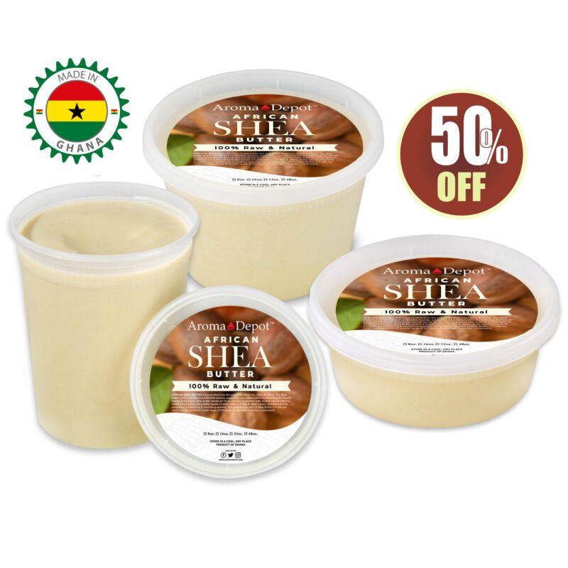 African Shea Butter Ivory Pure Organic Natural Raw Buy 1, Get 1 - 50% OFF Wholesale Check out our video on YouTube AROMA DEPOTS RAW, UNREFINED AFRICAN SHEA BUTTER IS IMPORTED DIRECTLY FROM AFRICA African Shea Butter Botanical Name: Butyrospermum parkii IMPORTED From Ghana Pure Organic Premium Grade A Raw – Unrefined Shea Butter Packaged In a Food Deli-Container All Deli-Containers are sold by Volume. You are paying for the size of the actual container. If the butter gets stuck in the container, please leave it in a refrigerator until it gets chilled and becomes firm & solid. This way, you can get the butter out of the container nicely and cleanly. We Distribute Shea Butter in bulk in New Jersey. We also wholesale African Black Soap. Sold as Volume. This particular shea butter is not filtered. Shea butter is a skin superfood that comes from the seeds of the fruit of the Shea (Karite) tree and is naturally rich in vitamins A, E, and F.  Aroma Depot Shea Butter is 100% Unrefined with an oily, nutty, smoky scent.  DO NOT ORDER if you’re looking for odor-free shea butter.  It is normal to see small amounts of impurities and sediment (bits of plant fiber and husk).  Shea Butter Uses Shea butter is one of the most versatile natural beauty ingredients. It can be used in homemade lotion bars and original magnesium body butter to homemade lip balms and healing salves. Some uses for Shea Butter are: Natural skin moisturizer As a stretch mark salve to ward off stretch marks It can help reduce the appearance of under-eye bags and wrinkles. As a massage butter In velvety soft whipped body butter As a base for homemade deodorant In magnesium body butter As a natural baby-care product (alone) or an ingredient in baby-care recipes It is on the lips, homemade lip balms, or shimmer lip balm. To improve skin elasticity (some even say it helps with cellulite) On the hair or scalp (in a mixture with other natural ingredients) In homemade liquid creme foundation and makeup After sun or beach exposure to replenish skin As a natural cuticle cream On scars to naturally help collagen production Sold as Volume What Kind of Shea Butter is Best? Raw, Unrefined, Grade A Shea butter. Shea butter is for external topical use only. Ask a physician or dermatologist before using, especially with underlying skin conditions. Those with nut allergies should avoid or check with an allergist. Checkout NEW Aroma Depot Essential Oils. Did You know you can add essential oil to your shea butter? Essential Oils and Shea Butter What if you could simultaneously enjoy the soothing benefits of shea butter and the therapeutic qualities of essential oils? Adding a few drops of essential oils to shea butter can do wonders for your skin and health. What are the benefits of essential oils? Aromatic essential oils are pure steam-distilled fragrances. They possess strong therapeutic properties. Often, people smell eucalyptus when they are sick to relieve congestion. To come up with your healing blend, choose the essential oils that are good for different emotions: ANGER Sweet Orange ANXIETY Frankincense, Lavender DEPRESSION Lavender, Sweet Orange, Lemongrass, Eucalyptus IRRITABILITY Lavender STRESS Lavender COUGHS/COLD/BRONCHITIS Eucalyptus, Anise Star, Japanese Peppermint MUSCULAR ACHES AND PAINS Lemongrass, Eucalyptus INDIGESTION/STOMACHACHE Anise Star, Lemongrass INDIGESTION/STOMACHACHE Anise Star We also carry African Black Soap in Liquid, Paste, Powder, or Bars.