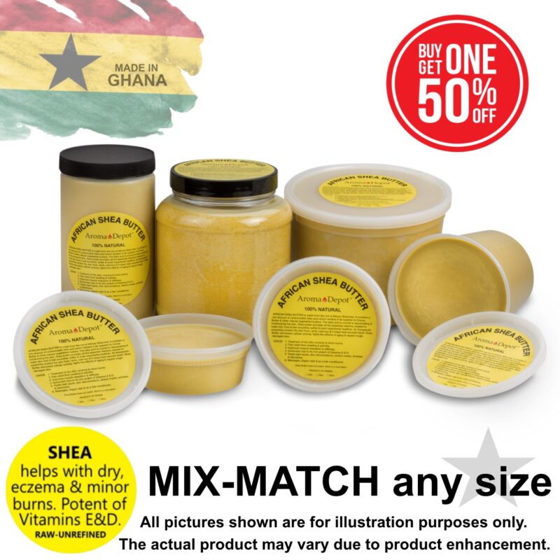 African Shea Butter yellow Pure Organic Natural Raw Buy 1, Get 1 - 50% OFF Wholesale Check out our video on YouTube AROMA DEPOTS RAW, UNREFINED AFRICAN SHEA BUTTER IS IMPORTED DIRECTLY FROM AFRICA African Shea Butter Botanical Name: Butyrospermum parkii IMPORTED From Ghana Pure Organic Premium Grade A Raw – Unrefined Shea Butter Packaged In a Food Deli-Container All Deli-Containers are sold by Volume. You are paying for the size of the actual container. If the butter gets stuck in the container, please leave it in a refrigerator until it gets chilled and becomes firm & solid. This way, you can get the butter out of the container nicely and cleanly. We Distribute Shea Butter in bulk in New Jersey. We also wholesale African Black Soap. Sold as Volume. This particular shea butter is not filtered. Shea butter is a skin superfood that comes from the seeds of the fruit of the Shea (Karite) tree and is naturally rich in vitamins A, E, and F.  Aroma Depot Shea Butter is 100% Unrefined with an oily, nutty, smoky scent.  DO NOT ORDER if you’re looking for odor-free shea butter.  It is normal to see small amounts of impurities and sediment (bits of plant fiber and husk).  Shea Butter Uses Shea butter is one of the most versatile natural beauty ingredients. It can be used in homemade lotion bars and original magnesium body butter to homemade lip balms and healing salves. Some uses for Shea Butter are: Natural skin moisturizer As a stretch mark salve to ward off stretch marks It can help reduce the appearance of under-eye bags and wrinkles. As a massage butter In velvety soft whipped body butter As a base for homemade deodorant In magnesium body butter As a natural baby-care product (alone) or an ingredient in baby-care recipes It is on the lips, homemade lip balms, or shimmer lip balm. To improve skin elasticity (some even say it helps with cellulite) On the hair or scalp (in a mixture with other natural ingredients) In homemade liquid creme foundation and makeup After sun or beach exposure to replenish skin As a natural cuticle cream On scars to naturally help collagen production Sold as Volume What Kind of Shea Butter is Best? Raw, Unrefined, Grade A Shea butter. Shea butter is for external topical use only. Ask a physician or dermatologist before using, especially with underlying skin conditions. Those with nut allergies should avoid or check with an allergist. Checkout NEW Aroma Depot Essential Oils. Did You know you can add essential oil to your shea butter? Essential Oils and Shea Butter What if you could simultaneously enjoy the soothing benefits of shea butter and the therapeutic qualities of essential oils? Adding a few drops of essential oils to shea butter can do wonders for your skin and health. What are the benefits of essential oils? Aromatic essential oils are pure steam-distilled fragrances. They possess strong therapeutic properties. Often, people smell eucalyptus when they are sick to relieve congestion. To come up with your healing blend, choose the essential oils that are good for different emotions: ANGER Sweet Orange ANXIETY Frankincense, Lavender DEPRESSION Lavender, Sweet Orange, Lemongrass, Eucalyptus IRRITABILITY Lavender STRESS Lavender COUGHS/COLD/BRONCHITIS Eucalyptus, Anise Star, Japanese Peppermint MUSCULAR ACHES AND PAINS Lemongrass, Eucalyptus INDIGESTION/STOMACHACHE Anise Star, Lemongrass INDIGESTION/STOMACHACHE Anise Star We also carry African Black Soap in Liquid, Paste, Powder, or Bars.