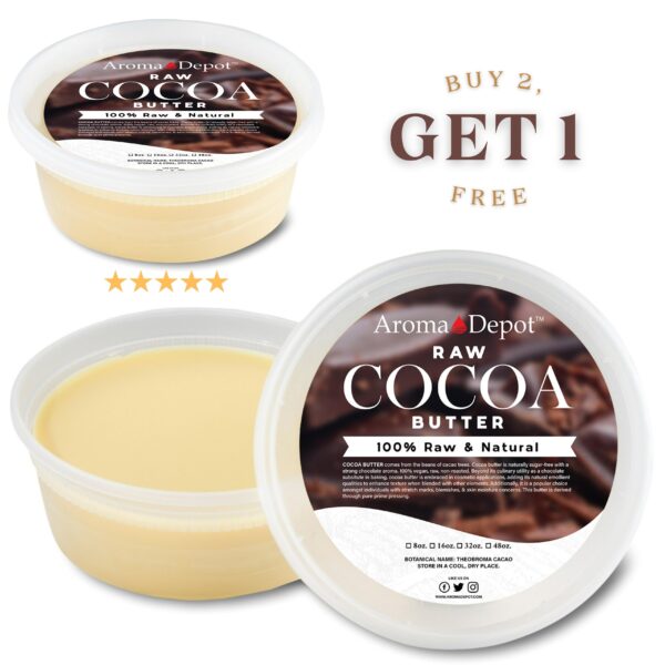Natural Raw Cocoa Butter Buy 2 - Get 1 - FREE Wholesale Check out our video on YouTube AROMA DEPOTS COCOA BUTTER IS IMPORTED DIRECTLY FROM ECUADOR Cocoa Butter Botanical Name: Theobroma Cacao For Skin & Hair Packed in Food-Grade deli-container Note: Depending on the location or weather where this butter is going, you might receive it in a liquid form. Highest-Quality IMPORTED From Ecuador Pure Raw Premium Grade A Raw - Unrefined FOOD-GRADE Natural Raw Cocoa Butter "Solid Hard Butter" Cocoa butter, also called theobroma oil, is a pale-yellow, edible fat extracted from the cocoa bean. It is used to make chocolate and some ointments, toiletries, and pharmaceuticals. Its melting point is just below the human body temperature. 100% Virgin Prime Pressed This butter is very hard. It must be broken into small pieces to apply to the skin. If you are looking for soft butter, this is NOT for you. Cocoa Butter, also called Cacao Butter, is the cream-colored fat extracted from cacao seeds (cocoa beans) and adds flavor, scent, and smoothness to chocolate, cosmetics, tanning oil, soap, and soap of topical lotions, and creams. Cocoa butter is the ultimate moisturizer used to keep skin soft and supple for centuries. Smell: Natural rich chocolate aroma Color: Off-White to Golden. Smell: Natural rich chocolate aroma Extraction Method: Cold Pressed Storage: Stored in a cool, dark place. Shelf life: 2-5 years when stored properly. Melts: At approximately 90 degrees Fahrenheit (35 degrees Celsius) Please Note: The cocoa butter may naturally feel hard and dry at room temperature. Premium Ecuadorian Cacao / Cocoa Butter from superior cocoa beans. Exquisite chocolate aroma and taste, traditionally found in fine cacao. This natural sugar-free Cocoa Butter has a strong, raw chocolate flavor. Common Uses body, hair, feet, hands, skin, face, eczema, psoriasis, stretch marks, acne, skincare, rashes, toner, dry skin, itchy scalp, itchy skin, Skin Hydrating, Sensitive Skin. We also carry African Black Soap in Liquid, Paste, Powder, or Bars.