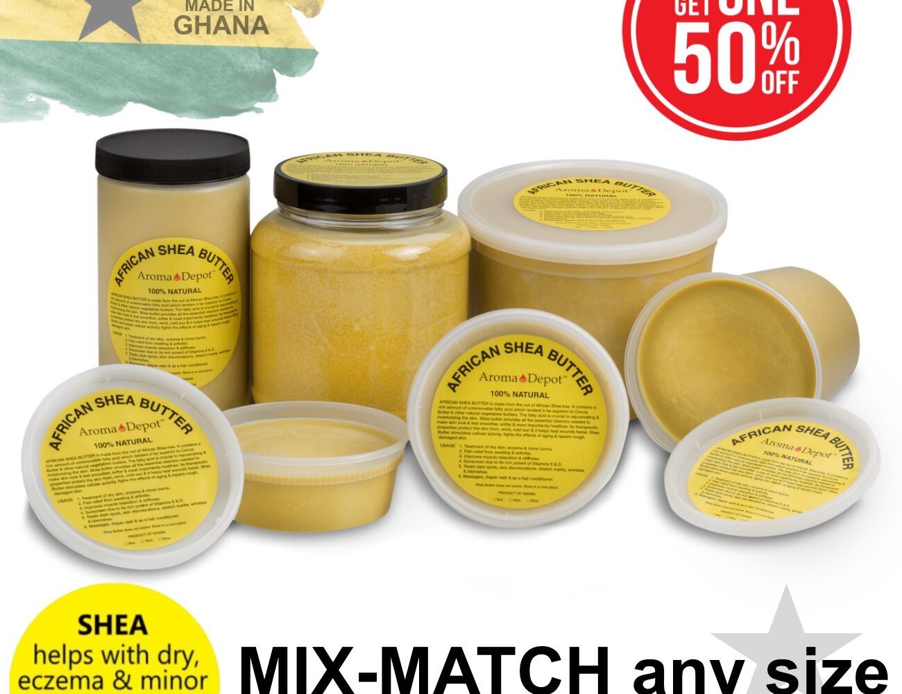 African Shea Butter yellow Pure Organic Natural Raw Buy 1, Get 1 - 50% OFF Wholesale Check out our video on YouTube AROMA DEPOTS RAW, UNREFINED AFRICAN SHEA BUTTER IS IMPORTED DIRECTLY FROM AFRICA African Shea Butter Botanical Name: Butyrospermum parkii IMPORTED From Ghana Pure Organic Premium Grade A Raw – Unrefined Shea Butter Packaged In a Food Deli-Container All Deli-Containers are sold by Volume. You are paying for the size of the actual container. If the butter gets stuck in the container, please leave it in a refrigerator until it gets chilled and becomes firm & solid. This way, you can get the butter out of the container nicely and cleanly. We Distribute Shea Butter in bulk in New Jersey. We also wholesale African Black Soap. Sold as Volume. This particular shea butter is not filtered. Shea butter is a skin superfood that comes from the seeds of the fruit of the Shea (Karite) tree and is naturally rich in vitamins A, E, and F.  Aroma Depot Shea Butter is 100% Unrefined with an oily, nutty, smoky scent.  DO NOT ORDER if you’re looking for odor-free shea butter.  It is normal to see small amounts of impurities and sediment (bits of plant fiber and husk).  Shea Butter Uses Shea butter is one of the most versatile natural beauty ingredients. It can be used in homemade lotion bars and original magnesium body butter to homemade lip balms and healing salves. Some uses for Shea Butter are: Natural skin moisturizer As a stretch mark salve to ward off stretch marks It can help reduce the appearance of under-eye bags and wrinkles. As a massage butter In velvety soft whipped body butter As a base for homemade deodorant In magnesium body butter As a natural baby-care product (alone) or an ingredient in baby-care recipes It is on the lips, homemade lip balms, or shimmer lip balm. To improve skin elasticity (some even say it helps with cellulite) On the hair or scalp (in a mixture with other natural ingredients) In homemade liquid creme foundation and makeup After sun or beach exposure to replenish skin As a natural cuticle cream On scars to naturally help collagen production Sold as Volume What Kind of Shea Butter is Best? Raw, Unrefined, Grade A Shea butter. Shea butter is for external topical use only. Ask a physician or dermatologist before using, especially with underlying skin conditions. Those with nut allergies should avoid or check with an allergist. Checkout NEW Aroma Depot Essential Oils. Did You know you can add essential oil to your shea butter? Essential Oils and Shea Butter What if you could simultaneously enjoy the soothing benefits of shea butter and the therapeutic qualities of essential oils? Adding a few drops of essential oils to shea butter can do wonders for your skin and health. What are the benefits of essential oils? Aromatic essential oils are pure steam-distilled fragrances. They possess strong therapeutic properties. Often, people smell eucalyptus when they are sick to relieve congestion. To come up with your healing blend, choose the essential oils that are good for different emotions: ANGER Sweet Orange ANXIETY Frankincense, Lavender DEPRESSION Lavender, Sweet Orange, Lemongrass, Eucalyptus IRRITABILITY Lavender STRESS Lavender COUGHS/COLD/BRONCHITIS Eucalyptus, Anise Star, Japanese Peppermint MUSCULAR ACHES AND PAINS Lemongrass, Eucalyptus INDIGESTION/STOMACHACHE Anise Star, Lemongrass INDIGESTION/STOMACHACHE Anise Star We also carry African Black Soap in Liquid, Paste, Powder, or Bars.