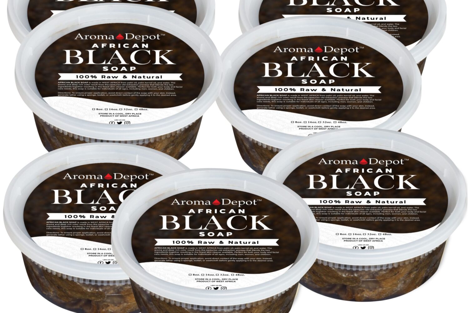 Facilitating your resale endeavors, Aroma Depot simplifies the process for an 8 oz. deli container filled with raw African Black Soap Paste. Wholesale options are available. Subscribe, Like & Share Wholesale 8 oz. African Black Soap Paste Deli Containers 100% Pure Raw Natural Wholesale Check out our video on YouTube AROMA DEPOTS AFRICAN BLACK SOAP IS IMPORTED DIRECTLY FROM AFRICA          African Black Soap Paste Lather with a washcloth, loofah, or sponge. 100% Natural Raw Soap for Acne, Eczema, Psoriasis, Scar Removal Face, And Body Wash. Handmade by Aroma Depot 100% Pure Natural Organic Unrefined Hair, Skin, Body Face Wash Pure Organic Premium Grade A 100% Pure-Raw Authentic Unscented African Black Soap Earth's BEST Natural Soap All Ingredients are Natural Our African black soap is handmade in Ghana, Africa. It is primarily used to heal & treat troubled skin of all types. It may help with fine wrinkles, psoriasis, dark spots, eczema, razor bumps, clearing blemishes, acne scars, and rashes. In addition, it can be used as a light exfoliator on the body. Black Soap can also be used in hair to treat scalp irritations. Oily Skin African black soap is a miracle product for oily and acne-prone skin. African black soap works well for deep pore cleansing because of its natural exfoliation qualities. Also, it seems to keep the skin hydrated for some oily skin types without increasing oil production. No matter how oily your skin is, it would be best to moisturize afterward with a non-comedogenic oil like Aroma Depot's Virgin Coconut Oil. Our 100% natural butter, such as African Shea Butter, Cocoa Butter, Mango Butter, or Kokum Butter, will be the perfect moisturizer for your skin after cleaning it with African Black Soap. How does black soap help with acne? This black soap effectively eliminates makeup, although it should not be used to remove eye makeup. Its natural anti-bacterial and anti-fungal properties gently cleanse the skin profoundly cleansing. By incorporating ash in your soap, you naturally exfoliate your skin and clear your pores of excess oil, sebum, and debris without overdrying on your skin. It must be necessary because drying your skin will produce more oil and sebum. The skin is smooth and hydrated with Aroma Depot's Shea butter or our Coconut Oil. Other black soap brands can be too drying. We use the right combination of natural ingredients to keep your skin soft and smooth while locking in moisture. The good thing about black soap is that it can clear acne while still gentle enough for all skin types. Our products are enriched with shea butter, which has high anti-inflammatory and skin-calming properties. It would help if you were patient when using black soap, as the results can take a few weeks. Some people may experience a pore-cleansing effect as the soap detoxifies the skin. In the beginning, you may experience breakouts, but eventually, your skin will become soft and glowing. With Aloe, you can relieve acne and irritated skin and provide moisture to your skin without clogging your pores. Natural Exfoliation Due to its exfoliating properties, African black soap deep cleans without scrubbing. Don't rub the skin with raw black soap, especially if it is delicate. Before applying the soap to your face, lather it in your hands first. Granules of ash and other debris in the soap may not dissolve as quickly as they should and could scratch the skin. Can you shower with African black soap? Use African Raw Black Soap to bathe, shower, and wash your hands, hair, and face. To achieve the best results, use hot water as hot as possible (optional) with a washcloth or loofah to scrub the area. After washing, apply Aroma Depot's unrefined shea butter or natural oil as a moisturizer. Reactions to African Black Soap Paste Consult your dermatologist if you develop a rash or dermatitis after using the product. If you are allergic to latex, you may suffer from latex-fruit syndrome and develop a reaction to the plantain ash in black soap and palm and coconut oils. Also, be aware of the possible presence of high cocoa pods, which make the soap ash, if you have a chocolate allergy or are sensitive to caffeine. Before You Toss That Black Soap Paste The surface of black soap (Bar or Paste) can develop a thin, white film if exposed to air. The film is not a sign of mold. To make it easy to use daily and prevent the white film from developing, you might cut off a piece of the bar or roll it into small balls and store it in a Ziploc bag. When buying soap in bulk or by the pound, cut off a piece and keep the rest in a cool, dry place. Place the soap in a plastic bag and wrap it in a Ziploc bag to keep it fresh. Strength Between Bar, Paste, or Liquid? The BAR is raw, making it very strong for sensitive skin. The PASTE is less intense than the bar. LIQUID is not as strong as all of them. The liquid black soap is recommended for those with sensitive skin. Test a small area first to ensure you won't develop an allergic reaction. Cocoa, Mango, Mancoshea blend, and Kokum butters are also available.