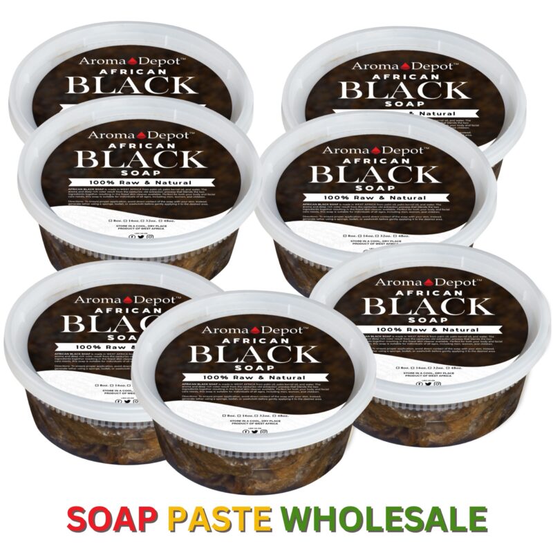 Facilitating your resale endeavors, Aroma Depot simplifies the process for an 8 oz. deli container filled with raw African Black Soap Paste. Wholesale options are available. Subscribe, Like & Share Wholesale 8 oz. African Black Soap Paste Deli Containers 100% Pure Raw Natural Wholesale Check out our video on YouTube AROMA DEPOTS AFRICAN BLACK SOAP IS IMPORTED DIRECTLY FROM AFRICA          African Black Soap Paste Lather with a washcloth, loofah, or sponge. 100% Natural Raw Soap for Acne, Eczema, Psoriasis, Scar Removal Face, And Body Wash. Handmade by Aroma Depot 100% Pure Natural Organic Unrefined Hair, Skin, Body Face Wash Pure Organic Premium Grade A 100% Pure-Raw Authentic Unscented African Black Soap Earth's BEST Natural Soap All Ingredients are Natural Our African black soap is handmade in Ghana, Africa. It is primarily used to heal & treat troubled skin of all types. It may help with fine wrinkles, psoriasis, dark spots, eczema, razor bumps, clearing blemishes, acne scars, and rashes. In addition, it can be used as a light exfoliator on the body. Black Soap can also be used in hair to treat scalp irritations. Oily Skin African black soap is a miracle product for oily and acne-prone skin. African black soap works well for deep pore cleansing because of its natural exfoliation qualities. Also, it seems to keep the skin hydrated for some oily skin types without increasing oil production. No matter how oily your skin is, it would be best to moisturize afterward with a non-comedogenic oil like Aroma Depot's Virgin Coconut Oil. Our 100% natural butter, such as African Shea Butter, Cocoa Butter, Mango Butter, or Kokum Butter, will be the perfect moisturizer for your skin after cleaning it with African Black Soap. How does black soap help with acne? This black soap effectively eliminates makeup, although it should not be used to remove eye makeup. Its natural anti-bacterial and anti-fungal properties gently cleanse the skin profoundly cleansing. By incorporating ash in your soap, you naturally exfoliate your skin and clear your pores of excess oil, sebum, and debris without overdrying on your skin. It must be necessary because drying your skin will produce more oil and sebum. The skin is smooth and hydrated with Aroma Depot's Shea butter or our Coconut Oil. Other black soap brands can be too drying. We use the right combination of natural ingredients to keep your skin soft and smooth while locking in moisture. The good thing about black soap is that it can clear acne while still gentle enough for all skin types. Our products are enriched with shea butter, which has high anti-inflammatory and skin-calming properties. It would help if you were patient when using black soap, as the results can take a few weeks. Some people may experience a pore-cleansing effect as the soap detoxifies the skin. In the beginning, you may experience breakouts, but eventually, your skin will become soft and glowing. With Aloe, you can relieve acne and irritated skin and provide moisture to your skin without clogging your pores. Natural Exfoliation Due to its exfoliating properties, African black soap deep cleans without scrubbing. Don't rub the skin with raw black soap, especially if it is delicate. Before applying the soap to your face, lather it in your hands first. Granules of ash and other debris in the soap may not dissolve as quickly as they should and could scratch the skin. Can you shower with African black soap? Use African Raw Black Soap to bathe, shower, and wash your hands, hair, and face. To achieve the best results, use hot water as hot as possible (optional) with a washcloth or loofah to scrub the area. After washing, apply Aroma Depot's unrefined shea butter or natural oil as a moisturizer. Reactions to African Black Soap Paste Consult your dermatologist if you develop a rash or dermatitis after using the product. If you are allergic to latex, you may suffer from latex-fruit syndrome and develop a reaction to the plantain ash in black soap and palm and coconut oils. Also, be aware of the possible presence of high cocoa pods, which make the soap ash, if you have a chocolate allergy or are sensitive to caffeine. Before You Toss That Black Soap Paste The surface of black soap (Bar or Paste) can develop a thin, white film if exposed to air. The film is not a sign of mold. To make it easy to use daily and prevent the white film from developing, you might cut off a piece of the bar or roll it into small balls and store it in a Ziploc bag. When buying soap in bulk or by the pound, cut off a piece and keep the rest in a cool, dry place. Place the soap in a plastic bag and wrap it in a Ziploc bag to keep it fresh. Strength Between Bar, Paste, or Liquid? The BAR is raw, making it very strong for sensitive skin. The PASTE is less intense than the bar. LIQUID is not as strong as all of them. The liquid black soap is recommended for those with sensitive skin. Test a small area first to ensure you won't develop an allergic reaction. Cocoa, Mango, Mancoshea blend, and Kokum butters are also available.