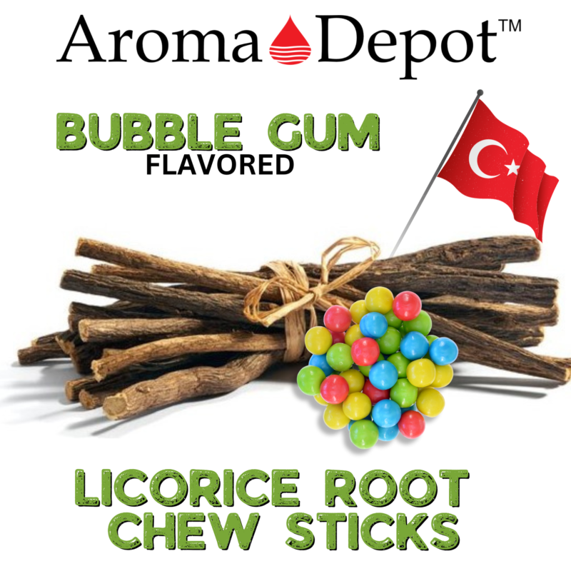 Natural Wild-crafted WHOLESALE Licorice Root Chew Sticks Bulk 100% Pure Natural Fresh Turkish Glycyrrhiza Glabra 100% Authentic Real LICORICE STICKS From Turkey. Wild-Crafted. 100% Naturally Grown. Choose from the drop-down menu Flavor or Weight! About This Item: Aroma Depot Licorice Root Chew Sticks - 100% Natural Indulge in the delicious goodness of Aroma Depot Banana Flavored Licorice Root Chew Sticks for Humans — a burst of pure, natural delight. Crafted with 100% pure licorice root, these flavorful sticks not only offer a tasty treat but also contribute to oral health and fresh breath. Each individual stick measures 6.5-7 inches, providing a satisfying chewing experience. Sourced directly from Turkey, our licorice root (Glycyrrhiza Glabra) ensures authenticity and quality. Elevate your snacking routine with the unique fusion of licorice goodness and banana flavor. Perfect for on-the-go freshness and an enjoyable oral health boost. 100% Authentic Real LICORICE STICKS from Turkey. Wild-Crafted and Naturally Grown for purity. Available in various flavors or weights - choose your preference from the drop-down menu. Please note that the item is sold by volume, and each stick may vary in weight. Sourced from Turkey: Sourced directly from Turkey, our licorice root (Glycyrrhiza Glabra) ensures authenticity and quality. Elevate your snacking routine with the unique fusion of licorice goodness and Bubble Gum flavor. Latin Names: Glycyrrhiza glabra, Liquiritia Officinalis, Glycyrrhiza uralensis Common Names: Licorice Root, Licorice, Liquorice, Sweet Root, Gan Zao (Chinese Licorice), Mulethi Chew-Stick Experience: Anti-bacterial properties for dental health. Releases sweet sap for a pleasant mouth fragrance. Traditionally used to suppress hunger and nicotine cravings. Amazing Benefits: Since ancient times, appreciated for various qualities. Supports weight loss and body fat reduction. Promotes a healthy liver and prevents hair loss. Addresses chronic fatigue and maintains oral health. Acts as an internal sun-blocking agent. Note: Licorice Root chew sticks are not intended for medical use. Sold as a volume, each stick varies in weight. Consult a physician before regular use for personalized advice. Turkish Chew Sticks This revised overview aims to create a more immersive and enticing description for your Bubble Gum Flavored Licorice Root Chew Sticks, enhancing their appeal and potential for better search impressions. Disclaimers: These statements have not undergone evaluation by the FDA. This product is not designed to diagnose, treat, cure, or prevent any disease. Warning:  Exercise caution, especially if you have hypertension, as licorice has the potential to raise blood pressure. WHOLESALE