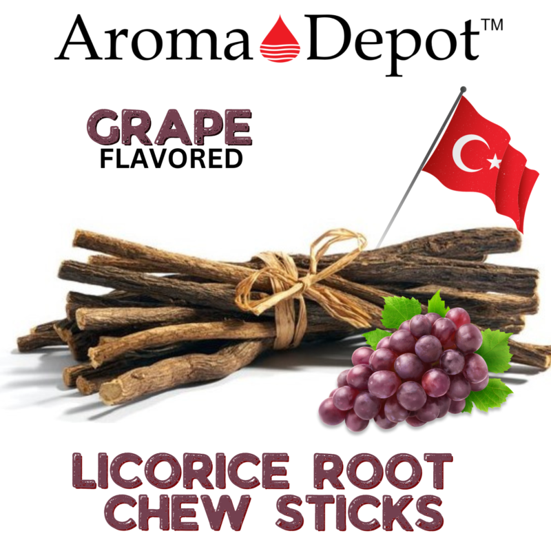 Natural Wild-crafted WHOLESALE Licorice Root Chew Sticks Bulk 100% Pure Natural Fresh Turkish Glycyrrhiza Glabra 100% Authentic Real LICORICE STICKS From Turkey. Wild-Crafted. 100% Naturally Grown. Choose from the drop-down menu Flavor or Weight! About This Item: Aroma Depot Grape Licorice Root Chew Sticks - 100% Natural Immerse yourself in the classic allure of licorice root harmonized with the irresistible sweetness of ripe grapes with Aroma Depot's Grape Flavored Licorice Chew Sticks. Crafted for those who appreciate tradition with a fruity twist, these chew sticks offer a delightful blend of timeless goodness and grape-infused sweetness. 100% Authentic Real LICORICE STICKS from Turkey. Wild-Crafted and Naturally Grown for purity. Available in various flavors or weights - choose your preference from the drop-down menu. Please note that the item is sold by volume, and each stick may vary in weight. Sourced from Turkey: Sourced directly from Turkey, our licorice root (Glycyrrhiza Glabra) ensures authenticity and quality. Elevate your snacking routine with the unique fusion of licorice goodness and Grape flavor. Latin Names: Glycyrrhiza glabra, Liquiritia Officinalis, Glycyrrhiza uralensis Common Names: Licorice Root, Licorice, Liquorice, Sweet Root, Gan Zao (Chinese Licorice), Mulethi Chew-Stick Experience: Anti-bacterial properties for dental health. Releases sweet sap for a pleasant mouth fragrance. Traditionally used to suppress hunger and nicotine cravings. Amazing Benefits: Since ancient times, appreciated for various qualities. Supports weight loss and body fat reduction. Promotes a healthy liver and prevents hair loss. Addresses chronic fatigue and maintains oral health. Acts as an internal sun-blocking agent. Note: Licorice Root chew sticks are not intended for medical use. Sold as a volume, each stick varies in weight. Consult a physician before regular use for personalized advice. Turkish Chew Sticks This revised overview aims to create a more immersive and enticing description for your Grape Flavored Licorice Root Chew Sticks, enhancing their appeal and potential for better search impressions. Disclaimers: These statements have not undergone evaluation by the FDA. This product is not designed to diagnose, treat, cure, or prevent any disease. Warning:  Exercise caution, especially if you have hypertension, as licorice has the potential to raise blood pressure. WHOLESALE