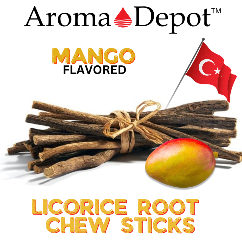 Natural Wild-crafted WHOLESALE Licorice Root Chew Sticks Bulk 100% Pure Natural Fresh Turkish Glycyrrhiza Glabra 100% Authentic Real LICORICE STICKS From Turkey. Wild-Crafted. 100% Naturally Grown. Choose from the drop-down menu Flavor or Weight! About This Item: Aroma Depot Mango Licorice Root Chew Sticks - 100% Natural Transport yourself to a tropical paradise with Aroma Depot's Mango Flavored Licorice Chew Sticks—an exquisite fusion of timeless licorice charm and the succulent sweetness of ripe mangoes. Crafted to captivate the senses, these chew sticks offer a delightful blend of tradition and tropical indulgence. 100% Authentic Real LICORICE STICKS from Turkey. Wild-Crafted and Naturally Grown for purity. Available in various flavors or weights - choose your preference from the drop-down menu. Please note that the item is sold by volume, and each stick may vary in weight. Sourced from Turkey: Sourced directly from Turkey, our licorice root (Glycyrrhiza Glabra) ensures authenticity and quality. Elevate your snacking routine with the unique fusion of licorice goodness and Mango flavor. Latin Names: Glycyrrhiza glabra, Liquiritia Officinalis, Glycyrrhiza uralensis Common Names: Licorice Root, Licorice, Liquorice, Sweet Root, Gan Zao (Chinese Licorice), Mulethi Chew-Stick Experience: Anti-bacterial properties for dental health. Releases sweet sap for a pleasant mouth fragrance. Traditionally used to suppress hunger and nicotine cravings. Amazing Benefits: Since ancient times, appreciated for various qualities. Supports weight loss and body fat reduction. Promotes a healthy liver and prevents hair loss. Addresses chronic fatigue and maintains oral health. Acts as an internal sun-blocking agent. Note: Licorice Root chew sticks are not intended for medical use. Sold as a volume, each stick varies in weight. Consult a physician before regular use for personalized advice. Turkish Chew Sticks This revised overview aims to create a more immersive and enticing description for your Mango Flavored Licorice Root Chew Sticks, enhancing their appeal and potential for better search impressions. Disclaimers: These statements have not undergone evaluation by the FDA. This product is not designed to diagnose, treat, cure, or prevent any disease. Warning:  Exercise caution, especially if you have hypertension, as licorice has the potential to raise blood pressure. WHOLESALE