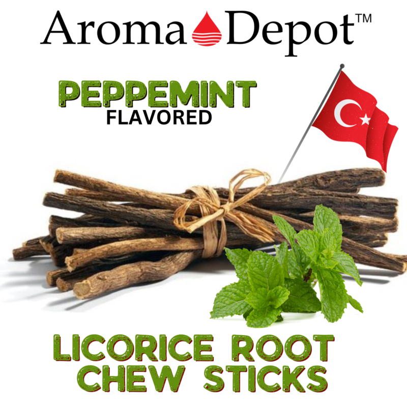 Natural Wild-crafted WHOLESALE Licorice Root Chew Sticks Bulk 100% Pure Natural Fresh Turkish Glycyrrhiza Glabra 100% Authentic Real LICORICE STICKS From Turkey. Wild-Crafted. 100% Naturally Grown. Choose from the drop-down menu Flavor or Weight! About This Item: Aroma Depot Peppermint Licorice Root Chew Sticks - 100% Natural Elevate your licorice experience with Aroma Depot's Peppermint Flavored Licorice Chew Sticks—an enticing blend of timeless licorice charm and invigorating peppermint freshness. Crafted to awaken the senses, these chew sticks offer a delightful fusion of tradition and minty delight. 100% Authentic Real LICORICE STICKS from Turkey. Wild-Crafted and Naturally Grown for purity. Available in various flavors or weights - choose your preference from the drop-down menu. Please note that the item is sold by volume, and each stick may vary in weight. Sourced from Turkey: Sourced directly from Turkey, our licorice root (Glycyrrhiza Glabra) ensures authenticity and quality. Elevate your snacking routine with the unique fusion of licorice goodness and Peppermint flavor. Latin Names: Glycyrrhiza glabra, Liquiritia Officinalis, Glycyrrhiza uralensis Common Names: Licorice Root, Licorice, Liquorice, Sweet Root, Gan Zao (Chinese Licorice), Mulethi Chew-Stick Experience: Anti-bacterial properties for dental health. Releases sweet sap for a pleasant mouth fragrance. Traditionally used to suppress hunger and nicotine cravings. Amazing Benefits: Since ancient times, appreciated for various qualities. Supports weight loss and body fat reduction. Promotes a healthy liver and prevents hair loss. Addresses chronic fatigue and maintains oral health. Acts as an internal sun-blocking agent. Note: Licorice Root chew sticks are not intended for medical use. Sold as a volume, each stick varies in weight. Consult a physician before regular use for personalized advice. Turkish Chew Sticks This revised overview aims to create a more immersive and enticing description for your Peppermint Flavored Licorice Root Chew Sticks, enhancing their appeal and potential for better search impressions. Disclaimers: These statements have not undergone evaluation by the FDA. This product is not designed to diagnose, treat, cure, or prevent any disease. Warning:  Exercise caution, especially if you have hypertension, as licorice has the potential to raise blood pressure. WHOLESALE