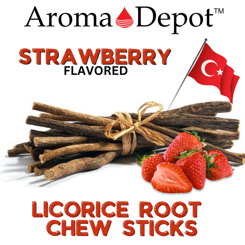 Natural Wild-crafted WHOLESALE Licorice Root Chew Sticks Bulk 100% Pure Natural Fresh Turkish Glycyrrhiza Glabra 100% Authentic Real LICORICE STICKS From Turkey. Wild-Crafted. 100% Naturally Grown. Choose from the drop-down menu Flavor or Weight! About This Item: Aroma Depot Strawberry Licorice Root Chew Sticks - 100% Natural Experience the delightful sweetness of Aroma Depot Strawberry Flavored Licorice Root Chew Sticks for Humans — a generous supply of pure, natural joy. Crafted with 100% pure licorice root, these flavorful sticks not only offer a delicious treat but also contribute to oral health and fresh breath. Each individual stick measures 6.5-7 inches, providing a satisfying and prolonged chewing experience. Sourced directly from Turkey, our Glycyrrhiza Glabra guarantees authenticity and top-notch quality. Elevate your snacking routine with the enchanting fusion of licorice goodness and strawberry flavor. Perfect for on-the-go freshness and a delightful oral health boost. 100% Authentic Real LICORICE STICKS from Turkey. Wild-Crafted and Naturally Grown for purity. Available in various flavors or weights - choose your preference from the drop-down menu. Please note that the item is sold by volume, and each stick may vary in weight. Sourced from Turkey: Sourced directly from Turkey, our licorice root (Glycyrrhiza Glabra) ensures authenticity and quality. Elevate your snacking routine with the unique fusion of licorice goodness and Strawberry flavor. Latin Names: Glycyrrhiza glabra, Liquiritia Officinalis, Glycyrrhiza uralensis Common Names: Licorice Root, Licorice, Liquorice, Sweet Root, Gan Zao (Chinese Licorice), Mulethi Chew-Stick Experience: Anti-bacterial properties for dental health. Releases sweet sap for a pleasant mouth fragrance. Traditionally used to suppress hunger and nicotine cravings. Amazing Benefits: Since ancient times, appreciated for various qualities. Supports weight loss and body fat reduction. Promotes a healthy liver and prevents hair loss. Addresses chronic fatigue and maintains oral health. Acts as an internal sun-blocking agent. Note: Licorice Root chew sticks are not intended for medical use. Sold as a volume, each stick varies in weight. Consult a physician before regular use for personalized advice. Turkish Chew Sticks This revised overview aims to create a more immersive and enticing description for your Strawberry Flavored Licorice Root Chew Sticks, enhancing their appeal and potential for better search impressions. Disclaimers: These statements have not undergone evaluation by the FDA. This product is not designed to diagnose, treat, cure, or prevent any disease. Warning:  Exercise caution, especially if you have hypertension, as licorice has the potential to raise blood pressure. WHOLESALE