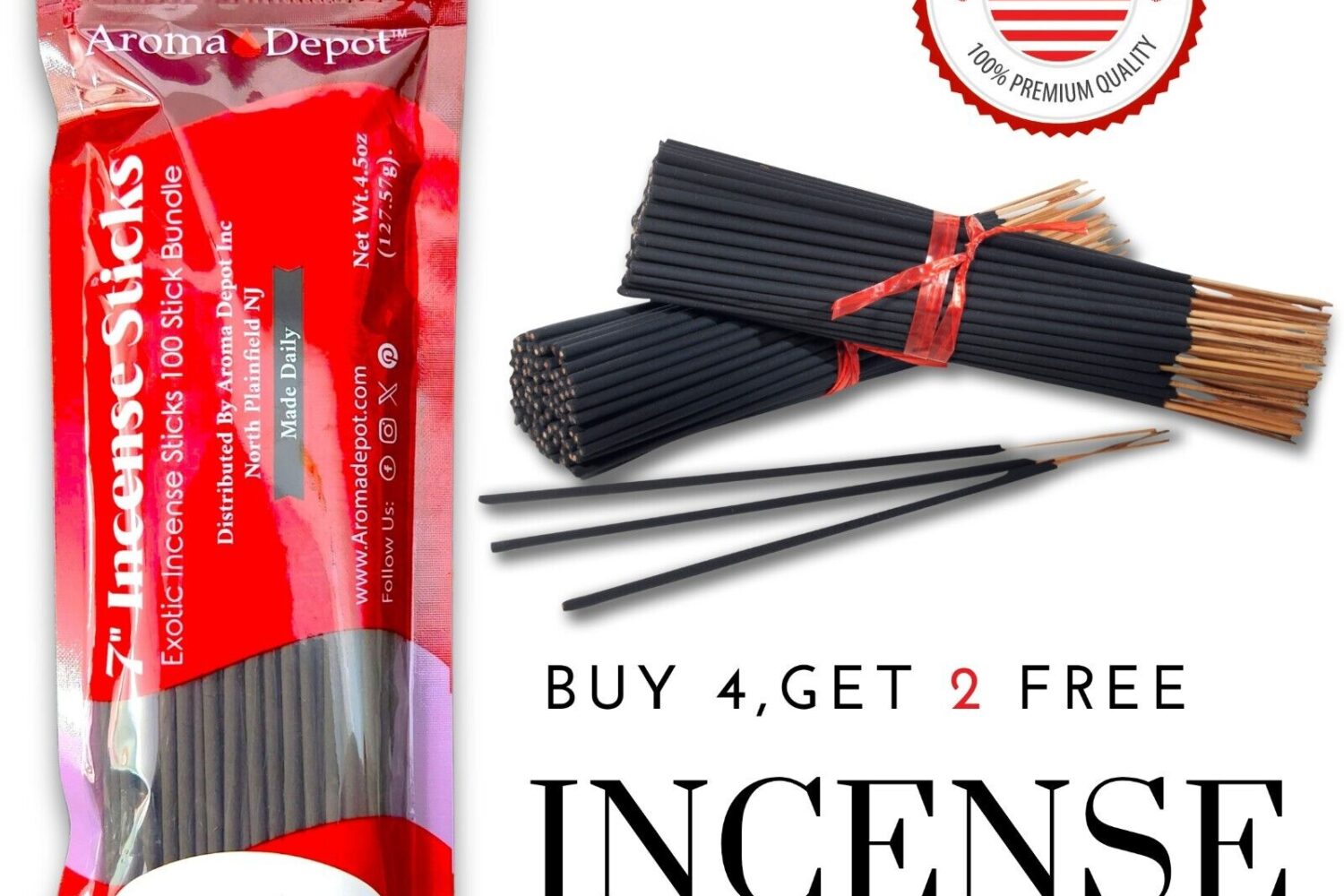 7’’ SIGNATURE COLLECTION  INCENSE STICKS NOTE: SCENTED Approx. 85-100 Stick Per Bundle Handmade from a natural bamboo stick with a natural high-quality charcoal powder base encasing/surrounding the bamboo stick. Burn one as they are, and you will only smell the natural clean smell.  Handmade  Hand-Dipped  Made In the USA Introducing Aroma Depot's Signature Collection Line of Incense Sticks, where luxury meets tranquility. Delve into a sensory journey with our meticulously crafted 7 Exotic Incense Sticks, now available in an enticing red and burgundy pack that elegantly displays the essence within through a discreet window at the bottom. Each bundle contains approximately 85-100 sticks of handcrafted bliss, meticulously made in the USA. Hand-dipped and infused with top-quality fragrance oils, our incense sticks promise an unparalleled olfactory experience. Made from natural bamboo with a charcoal powder base, these sticks emit a pure, clean scent when burned solo, offering a serene ambiance for your space. But there's more to our incense than meets the eye (or nose). Say farewell to lingering burnt odors and harmful fumes. Embrace the immaculate aroma that our incense delivers, enveloping your surroundings in a veil of pure indulgence. Our incense sticks are not just a treat for the senses; they also serve a multitude of purposes. Whether it's meditation, relaxation, enhancing your home's ambiance, or seeking spiritual solace, our incense sticks are versatile companions for various occasions and settings. Please note, that our promotions add an extra layer of delight to your purchase. Avail our Buy 4 Get 2 Free offers and immerse yourself in a plethora of scents without breaking the bank. Remember to follow the instructions diligently to qualify for these exciting deals. We take pride in our commitment to quality and safety. Each stick undergoes a meticulous hand-dipping process for 24-48 hours, ensuring maximum saturation and longevity. However, with great ambiance comes great responsibility. Exercise caution when handling burning incense. Always place your burner on a heat-resistant surface, away from flammable objects and curious hands. Keep both unlit and burning incense out of reach of children and pets, ensuring a serene atmosphere without any mishaps. Indulge in the essence of tranquility with Aroma Depot's Signature Collection Incense Sticks. Experience luxury, serenity, and pure bliss with every fragrant wisp that fills the air.