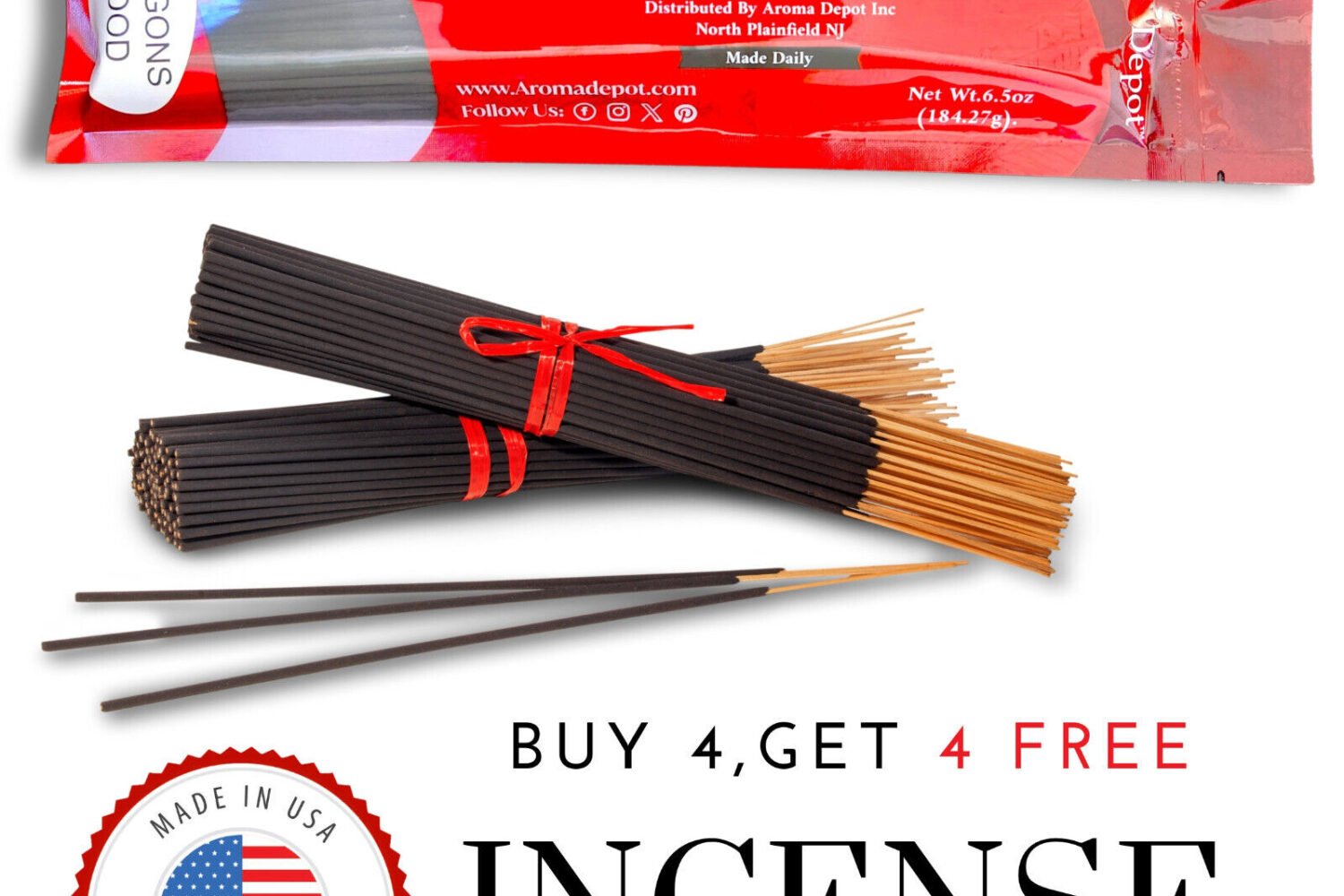 11’’ SIGNATURE COLLECTION  INCENSE STICKS NOTE: SCENTED Approx. 85-100 Stick Per Bundle Handmade from a natural bamboo stick with a natural high-quality charcoal powder base encasing/surrounding the bamboo stick. Burn one as they are, and you will only smell the natural clean smell.  Handmade  Hand-Dipped  Made In the USA Introducing Aroma Depot's Signature Collection Line of Incense Sticks, where luxury meets tranquility. Delve into a sensory journey with our meticulously crafted 11'' Exotic Incense Sticks, now available in an enticing red and burgundy pack that elegantly displays the essence within through a discreet window at the bottom. Each bundle contains approximately 85-100 sticks of handcrafted bliss, meticulously made in the USA. Hand-dipped and infused with top-quality fragrance oils, our incense sticks promise an unparalleled olfactory experience. Made from natural bamboo with a charcoal powder base, these sticks emit a pure, clean scent when burned solo, offering a serene ambiance for your space. But there's more to our incense than meets the eye (or nose). Say farewell to lingering burnt odors and harmful fumes. Embrace the immaculate aroma that our incense delivers, enveloping your surroundings in a veil of pure indulgence. Our incense sticks are not just a treat for the senses; they also serve a multitude of purposes. Whether it's meditation, relaxation, enhancing your home's ambiance, or seeking spiritual solace, our incense sticks are versatile companions for various occasions and settings. Please note, that our promotions add an extra layer of delight to your purchase. Avail our Buy 4 Get 4 Free offers and immerse yourself in a plethora of scents without breaking the bank. Remember to follow the instructions diligently to qualify for these exciting deals. We take pride in our commitment to quality and safety. Each stick undergoes a meticulous hand-dipping process for 24-48 hours, ensuring maximum saturation and longevity. However, with great ambiance comes great responsibility. Exercise caution when handling burning incense. Always place your burner on a heat-resistant surface, away from flammable objects and curious hands. Keep both unlit and burning incense out of reach of children and pets, ensuring a serene atmosphere without any mishaps. Indulge in the essence of tranquility with Aroma Depot's Signature Collection Incense Sticks. Experience luxury, serenity, and pure bliss with every fragrant wisp that fills the air.