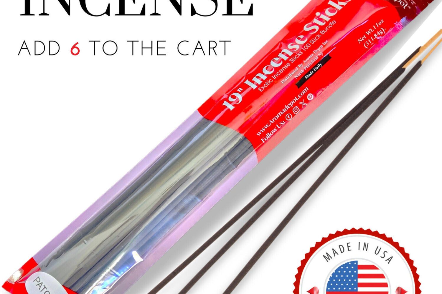 19’’ SIGNATURE COLLECTION INCENSE STICKS NOTE: SCENTED Approx. 27-30 Stick Per Bundle Handmade from a natural bamboo stick with a natural high-quality charcoal powder base encasing/surrounding the bamboo stick. Burn one as they are, and you will only smell the natural clean smell.  Handmade  Hand-Dipped  Made In the USA  Introducing Aroma Depot's Signature Collection Line of Incense Sticks, where luxury meets tranquility. Delve into a sensory journey with our meticulously crafted 19'' Exotic Incense Sticks, now available in an enticing red and burgundy pack that elegantly displays the essence within through a discreet window at the bottom. Each bundle contains approximately 27-30 sticks of handcrafted bliss, meticulously made in the USA. Hand-dipped and infused with top-quality fragrance oils, our incense sticks promise an unparalleled olfactory experience. Made from natural bamboo with a charcoal powder base, these sticks emit a pure, clean scent when burned solo, offering a serene ambiance for your space. But there's more to our incense than meets the eye (or nose). Say farewell to lingering burnt odors and harmful fumes. Embrace the immaculate aroma that our incense delivers, enveloping your surroundings in a veil of pure indulgence. Our incense sticks are not just a treat for the senses; they also serve a multitude of purposes. Whether it's meditation, relaxation, enhancing your home's ambiance, or seeking spiritual solace, our incense sticks are versatile companions for various occasions and settings. Please note, that our promotions add an extra layer of delight to your purchase. Avail our Buy 4 Get 2 Free offers and immerse yourself in a plethora of scents without breaking the bank. Remember to follow the instructions diligently to qualify for these exciting deals. We take pride in our commitment to quality and safety. Each stick undergoes a meticulous hand-dipping process for 24-48 hours, ensuring maximum saturation and longevity. However, with great ambiance comes great responsibility. Exercise caution when handling burning incense. Always place your burner on a heat-resistant surface, away from flammable objects and curious hands. Keep both unlit and burning incense out of reach of children and pets, ensuring a serene atmosphere without any mishaps. Indulge in the essence of tranquility with Aroma Depot's Signature Collection Incense Sticks. Experience luxury, serenity, and pure bliss with every fragrant wisp that fills the air.