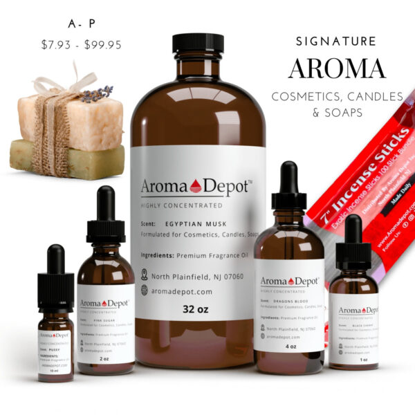 Fragrance oils for Candles Soap Making Bath Diffuser Burners Incense Scented Oil Wholesale Fragrance Oils UNCUT Phthalate-Free Wholesale Pricing Popular Fragrances Introducing our Fragrance Oils, meticulously designed to elevate your crafting experience. Bottles such as 10 ml., 1 oz, and 2 oz. comes complete with a dropper, seal, and a child-resistant cap for your peace of mind. Our 4 oz. dropper does not have a child-resistant cap. The 32 oz does not have a dropper nor a child-resistant cap option but boasts a well-tightened ribbed screw cap, ensuring secure containment as advertised. Unlock the essence of creativity as our fragrances infuse life into your candles, soaps, diffusers, and any other unscented projects you undertake. Maximize your value by ordering in multiples, guaranteeing the best bang for your buck. Crafted with care and attention to detail, our Fragrance Oils offer superior quality and enhanced storage capabilities compared to our plastic cylinder bottles. Housed in protective amber bottles, they safeguard the oil from direct sunlight, preserving the potency of the fragrance for a more concentrated scent experience. Experience the difference with our premium line, meticulously reformulated with soap and candle makers in mind. Perfect for an array of crafting endeavors, including soaps, candles, bath bombs, body products, wax projects, incense, DIY projects, and much more! Elevate your crafting journey with confidence and creativity with our premium Fragrance Oils today! If you're looking for gift ideas for special occasions like an anniversary, birthday, or Christmas, consider making handmade items with Aroma Depot apple or chocolate fragrances using soap-making supplies or candle-making materials. You can also use Aroma Depot essential oils or fragrance oils like lavender for a relaxing and soothing scent. To enhance the fragrance, use a burner or diffuser, and pair it with one of our baked goods scents such as Sugared Snickerdoodle Type for an extra special touch. These thoughtful and personalized gifts are sure to be appreciated by your loved ones 🌻 Candle Oils and Soap Making. Phthalate Free Fragrance✨ What are the Flash Points for this oil❓ • Please message us directly for the flash points as it may take 1-3 business days to retrieve due to us collecting inventory. This product is a skin contact product, returns are not accepted for health and hygiene reasons. Disclaimer: Our Body oils are compared to the aroma names listed on Bottles, and it’s a mere guide. For experimental Use only in Manufacturing, Not a finished product. (Aroma Depot) is not affiliated with any of these marks, Brands, and its owner in any manner. In NO circumstances should it be mistaken for the actual high street brand. TRADEMARKS and COPYRIGHTS are properties of their respective manufacturers and designers. These versions are not too confused with the originals. Aroma Depot, Inc. has no affiliation with the manufacturers/designers mentioned. Please note this is our formulated body oil with its characteristics and quality. We comply with the U.S.A. Federal Trade Commission's statement of policy REGARDING COMPARATIVE ADVERTISING.